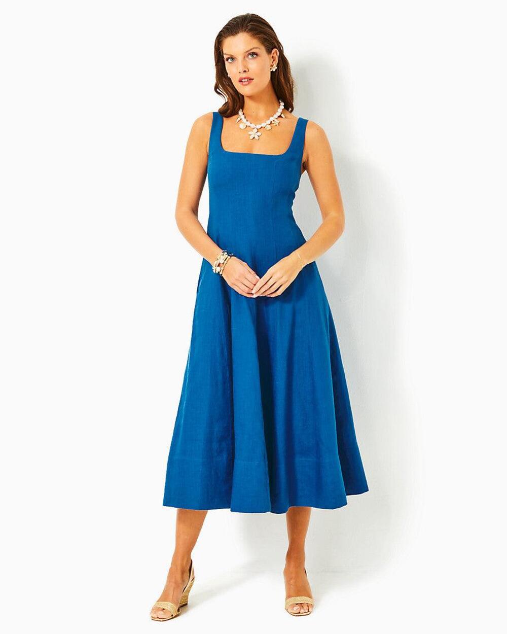 NWT Lilly Pulitzer Calina Linen Midi Dress Bqrton Blue 4 Fit Flare Pockets